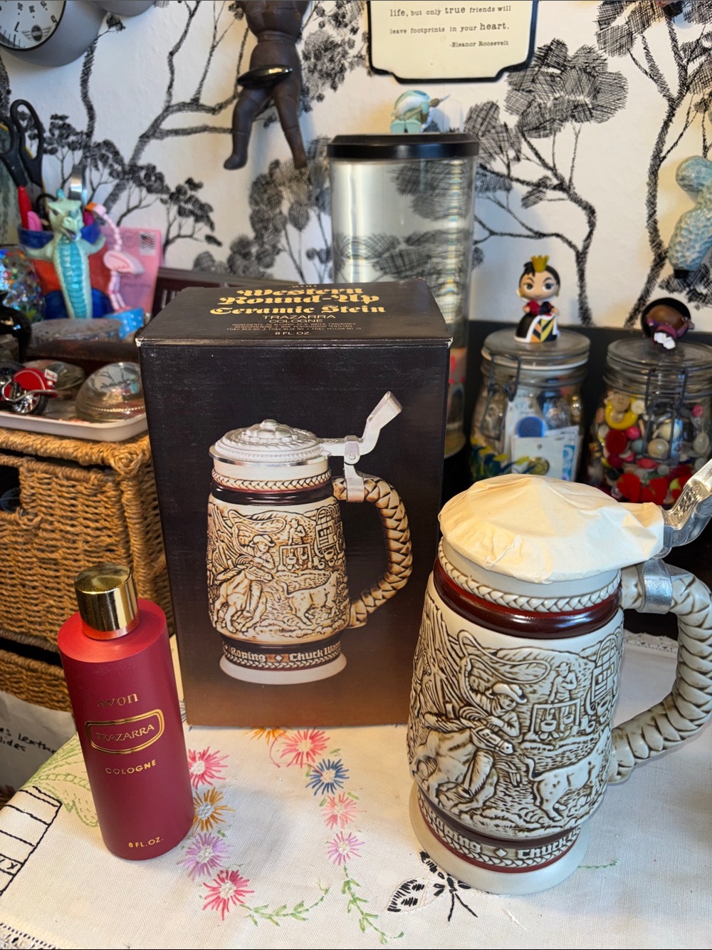 NIB VINTAGE AVON 1980 Avon Western Round-Up Ceramic Stein displayed with it